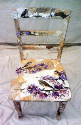 This is one of the more than two dozen chairs that will be auctioned off at the Warwick Valley School District Art Department's &quot;Rock -n- Roll Art Show and Chair Auction&quot; on Friday, May 4. This spring bird chair was created by teacher Kristen Spano.
