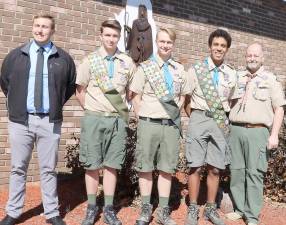 Three Boy Scouts from Troop 45 advanced to Rank of Eagle. From left, Jason Hranitz, Maxwell Hranitz, Mark Pennings, Michael Moore and Troop 45 Scoutmaster Kevin Brand. (As an interesting aside, Pennings and Hranitz are cousins and Eagle Scout Jason Hranitz (left), the older son of Marie and Paul Hranitz, was on hand to participate in the Presentation of the Eagle Badge.)