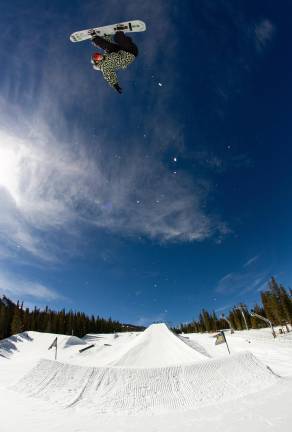 Max Fox Rabdau gets big air on the jumps at Woodward Park in Copper Mountain Colorado.