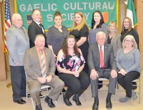 Members of the Greenwood Lake Gaelic Cultural Society's executive board were sworn in Saturday evening by Warwick Town Justice Nancy Brenner D’Angelo. Pictured from left to right, beginning in front, are: Matt Buckly, first vice president; Kathleen Holder, president; Denis Mulcahy, second vice president; and Colleen Hallinan, corresponding secretary; and in back from left are: Vinny Hallinan, sergeant at arms; John Trazino, two-year trustee; Christine McAteer- Purdy, recording secretary; Dawn Van Doran, three-year trustee; Lexi O’Rourke, treasurer; Nancy Brenner D’Angelo, town justice; and Erin Frey, one-year trustee.