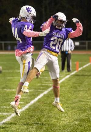 Seniors Jake Durie and Dan Thorson celebrated the Wildcats’ 35-16 victory over Pine Bush last Friday evening. This Friday evening, the team travels to Newburgh to face the NFA Goldbacks in a Section IX AA Football semi-final game. Photo by Tom Bushey/Warwick Valley School District.