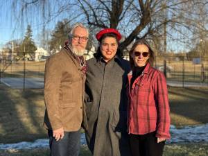 Pictured from left to right are Mayor Michael Newhard, Artist-in-Residence Nicole Hixon and Melissa Shaw-Smith, director of Wickham Works, at the future site of installation in Stanley Deming Park in the Village of Warwick. Photo by Jacob Gendelman.
