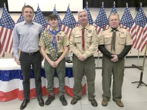 At Joe Melillo’s Eagle Scout ceremony: (left to right) Senator James Skoufis, Joe Melillo, Tim Murphy, Ed Long