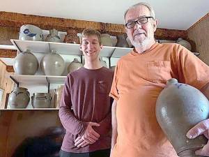Hudson Valley Bottle Club president Alex Prizgintas (left) stands with historian and author Chester Faber (right). Faber has been collecting pottery made in Cornwall for the past 50 years and will share his research at the bottle club’s monthly meeting on Nov. 15.