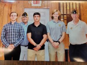 L-R: Paxton Honerkamp, Warwick Legion Boys’ State Chair Mike Eckert, Josh Cornelius, Conrad Wendell, and Post 214 Commander Tom Brennan (Daniel Svoboda not shown).
