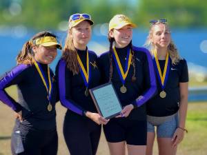 Warwick Crew Girls Varsity Straight 4 team of (l-r) Lizbeth Varela-Cordero, Olivia Nosarzewski, Isabelle Flores, and Sasha Blanchard became New York State Scholastic Rowing Champions in May 2023.