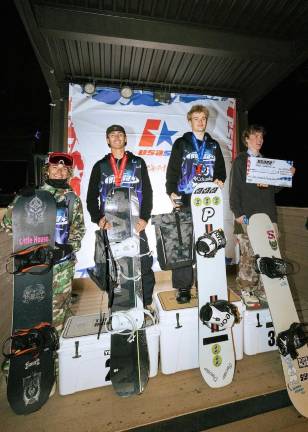 Max Fox Rabdau (top right) wins Gold for the 2026 USASA Rail Jam competition at the National Championships in Copper Mountain, Colo.