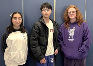 High School Art/Music Students of the Month Carla Zuluaga, Felix You, and David Burkey.