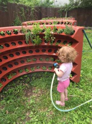 Joely&#x2019;s daughter, Zia, waters her vertical garden.