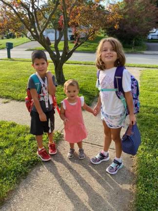 Troy, Kindergarten at Pine Island. Mia , 2nd grade at Sanfordville. Baby sister Rosie in the middle went to 1st day of Pre-K at Woodland Hollow.