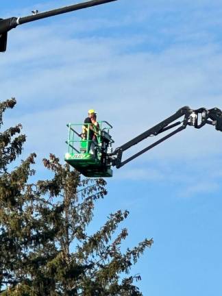 Owner Arek Kwapinski had a friend help him hang lights on Old Stone House’s tree from a crane’s bucket.