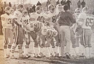 Warwick’s 1984 championship football season documented by American filmmaker Matthew Miele. Members of the defense pictured include Bruce Miller (81), John Hegarty (31), Bryan Thibert (58), Jeff Cox (40) , Doug Rupertus (65), Mike Palone (61) and Patrick Rice (24).