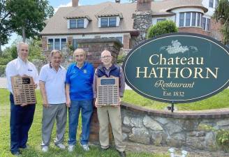 Warwick Valley Rotarians are seeking nominations for Warwick Citizen of the Year. This year’s winners and those from 2020 will be honored during a dinner Sept. 15 at the Chateau Hathorn. Selection committee members include, left to right, incoming Rotary President Leo Kaytes Jr., holding the Rotary plaque listing recent winners; event co-chairs Stan Martin and Leo Kaytes Sr.; and Master of Ceremonies and Town Supervisor Michael Sweeton with the Jaycee plaque honoring winners from 1968-1999. The Warwick Citizens of the Year plaques are displayed at Town Hall. Photo by Mike Padham.