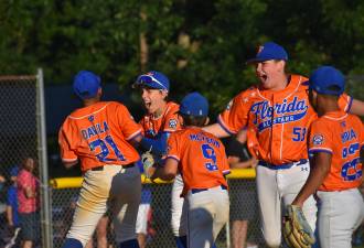 CJ Davila, Austin Caldwell, Tom McKeon, RJ Kearns and Rylan Mejia celebrate the NYS Section 3 title after beating Stony Point Monday, July 20 in Warwick.