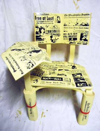 This is teacher Rocco Manno's Headline News chair, one of the more than two dozen chairs that will be auctioned off May 4 to raise scholarship funds for graduating Warwick Valley High School seniors.