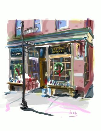 An illustration of Ye Olde Warwick Book Shoppe by Bob Eckstein.