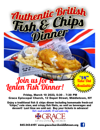 Middletown. Authentic British ‘Fish &amp; Chips’ Lenten dinner