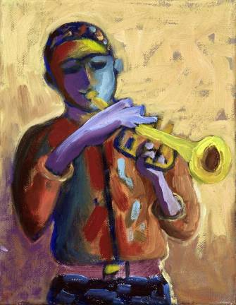 This is Judi Silvano's painting of trumpeter Dave Douglas.