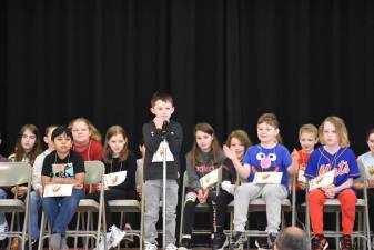 A speller considers his word during the 2024 Delaware Valley Elementary School spelling bee.