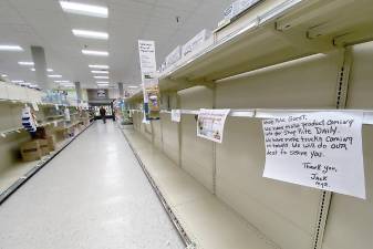 This was the toilet paper isle on Sunday, March 15, at the ShopRite in Warwick. As of Monday morning there still is no delivery of toilet paper. So many other items, such as frozen vegetables, meat, chicken, etc., are down to the bare minimum.