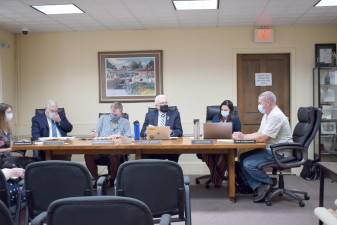 At the Village of Warwick July 18 meeting were, left to right: Deputy Village Clerk Jennifer Mante, Village Attorney Stephen Gaba, Trustee Corey Bachman, Deputy Mayor Barry Cheney, Trustee Carly Foster, and DPW Supervisor Michael Moser.