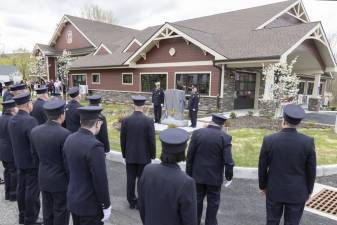 Warwick Fire Department members during a special ceremony before their official move into the new Company 3 firehouse on April 16, 2023.