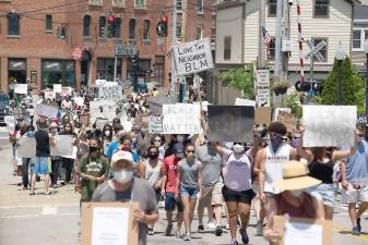 Hundreds of locals attended the Warwick Against Racism March on Saturday, June 6, marching from Village Hall through Main Street to Railroad Green, chanting in solidarity with George Floyd and all people of color. Photo by Tom Kates.