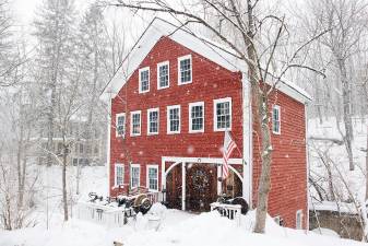 The Randallville Grist, Fulling, Saw Mill and School Ca. 1750-1900 along Route 94 in the Village of Florida during the snowfall on Sunday, Feb 7, 2021. Pianos, furniture, gunstocks, lathe turning, metal work, etc. were crafted here along Browns Creek. Photo by Robert G. Breese.