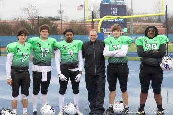 Pictured left to right: QB Joey Krasniewicz, Kicker Drew Borner, D Line Aaron Greaves, Coach Sirico, Offensive tackles David “DJ” Madura and Christian Felix. The National Team (Warwick) defeated the American Team 20 - 8 in the showcase event.