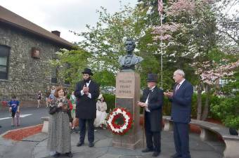 Joan Kissinger, President of the Florida Historical Society, (from left) spoke during a wreath ceremony, with Mayor Daniel Harter dressed as President Abraham Lincoln, Deputy Mayor Thomas Fuller as William Henry Seward, and Town Justice Peter Barlet.