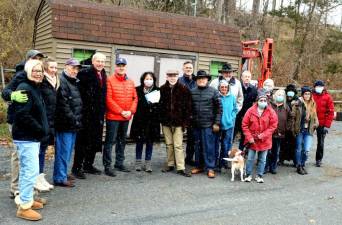 Town of Warwick officials, members of the Warwick Valley Chamber of Commerce, staff, volunteers and longtime supporters and contributors to the Warwick Valley Humane Society join Suzyn Barron, president of the Warwick Valley Humane Society and Town of Warwick Super Michael Sweeton (center) to celebrate groundbreaking for the new animal shelter.