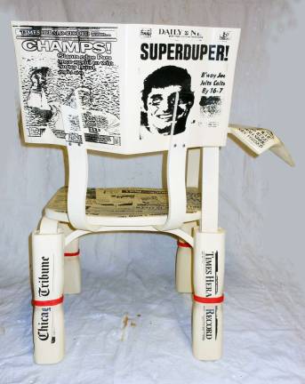This is a detail from the back of teacher Rocco Manno's Headline News chair.