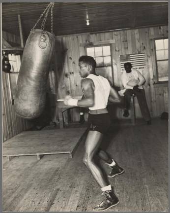 Sugar Ray Robinson and his trainer George Gainford at the Greenwood Lake Training Camp in 1950. (Photo courtesy of the New York Public Library)