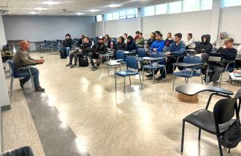 Orange County business owner Frank Volpe speaks Mount Saint Mary College Business Capstone and Production/Operations Management classes.