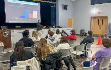 Det. Andrew Kryger, Youth Bureau Officer at the Stony Point Police Department, discusses the dangers of driving while impaired or distracted at a recent workshop at Mount Saint Mary College.