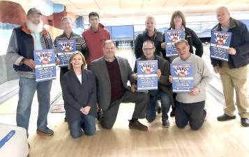 Event Planning Committee members for the March 15 “Bowl for a Cause” community fund raiser to help prevent suicide and drug abuse gather to make final plans at Pin Street bowling alley. Pictured from left to right are: Wayne Patterson, Neil Sinclair, Jan Brunkhorst, Jonathan Vargas (High School Interact student), co-Chairs Ed Lynch and Dr. David Dempster, Joyce Perron, Alayna Skok, Stan Martin and John Costello.