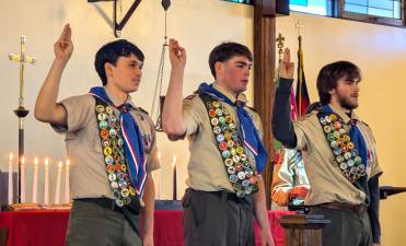 L-R: Eugene Cummings III, Kyle Bolich and Alexander Rodrigues receive prestigious rank of Eagle Scout.