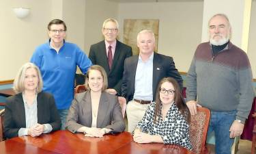 At its first meeting of the 2020, the Warwick Valley Chamber of Commerce announced the members of its executive board. From left, Secretary Kimberly Starks; Second Vice President Michael Hodge; First Vice President Valerie Zammitti; Michael Johndrow, executive director; President James Mezzetti; Treasurer Susan Ronga; and past President John Redman. A story about the meeting appears on page 22.