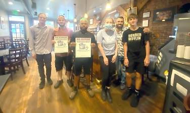 One of the many participating restaurants this year is Eddie’s Roadhouse on Main Street in the Village of Warwick. Staff members from left, Will Timony, Benny Rodriguez, Dimitry Saint Jean, Amber Tirtilli, Manager Darius Ricci and Aiden Price. Photo provided by Backpack Snack Attack Director Jenna Price.