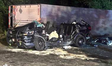 Warwick Police Officer Jordan Tetreault’s marked patrol car was broadsided on the driver’s side by a tractor-trailer late Tuesday night, July 11. She was airlifted to Westchester Medical Center. Police Chief John D. Rader report Wednesday evening that Tetreault’s condition had been upgraded to stable from critical.