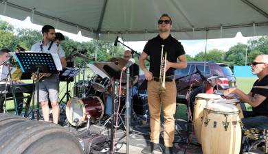 Composer/drummer/producer/clinician Roland Vazquez and his group at Pine Island Park on Kay Road in Pine Island, one of the 14 locations for the 22 performances of the four-day Hudson Valley Jazz Festival.