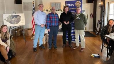 Paul Nebrasky, owner of Paul Nebrasky Plumbing, Heating and Air Conditioning, second from left, has been installed as a member of the Warwick Valley Rotary Club, by former Club President David Eaton, far right. They are shown with current Rotary President Leo R. Kaytes, left, and Frank Truatt, Nebrasky’s sponsor. Photo by David Dempster.