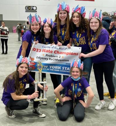 The Warwick High School OM team took first place at State Finals. The students are headed to World Finals in May. Top row from left to right: Arianna Weinberg, Sophia Amato, Olivia Holland, Sophia Samborski and Mary Hoey. Bottom row from left to right: Alanna Adee and Cavan Byrne. Photo provided.