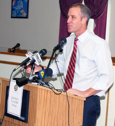 Photo by Roger Gavan On Wednesday, Feb. 20,freshman Democratic Rep. Sean Maloney of Cold Spring, who now represents New York's 18th Congressional District, addressed a standing-room only crowd at Warwick&#xed;s Town Hall to discuss current issues affecting Hudson Valley agriculture and farmers.