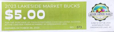 The Lakeside Farmers Market in Greenwood Lake has begun distribution of “Market Bucks,” a $5 supplemental certificate that enables the recipient to redeem it for $5 worth of fresh and/or prepared foods from participating vendors at the Lakeside Farmers Market each week until Oct. 28.