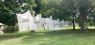 Installation in Lewis Park by artist Heidi Lanino, “Words from Warwick Exhibition,” 2020. Photo by Melissa Shaw-Smith.