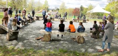 On Friday, April 30, first grade children, Principal, Bill Biniaris and teachers from Park Avenue Elementary School gathered in the Hallowed Ground park, home to the original Baptist Meeting House and burial grounds adjacent to Galloway Road and Forester Avenue. They were there to celebrate Arbor Day and the planting of four trees including an Ivory Silk, a Lilac and two Tulip trees. Photos by Roger Gavan.