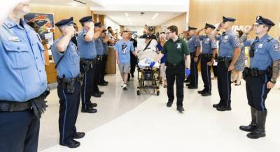 Warwick Police officers and dispatchers along with many other agencies were there in full force to show their support as Officer Jordan Tetreault was released from Westchester Medical Center on Monday, July 17. She was injured when a truck struck her patrol car one evening last week. Photos by Westchester Medical Center.