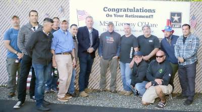 Tom O’Hare stands with some of the men at the American Legion Post 1443 Greenwood Lake that he served with during his deployments in Saudi Arabia during Desert Storm, then Somalia, Iraq twice, Afghanistan and Syria during his 32-year career with the U.S. Army and 20 years with the New York Police Department. Photos by Ed Bailey.