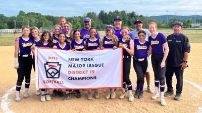Warwick’s 12U softball team defeated Pine Bush, Cornwall and Goshen over the course of two weeks to capture the District 19 flag for the second year in a row. Provided photo.